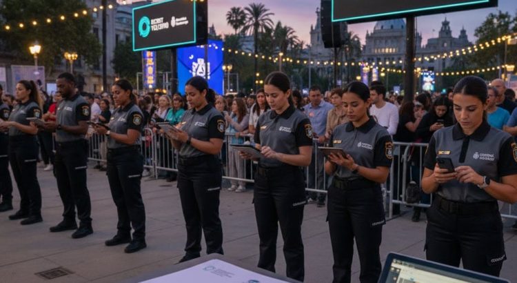 Diagrama de análisis de riesgos en un mapa de recinto de eventos, con indicadores de peligro y rutas de evacuación.