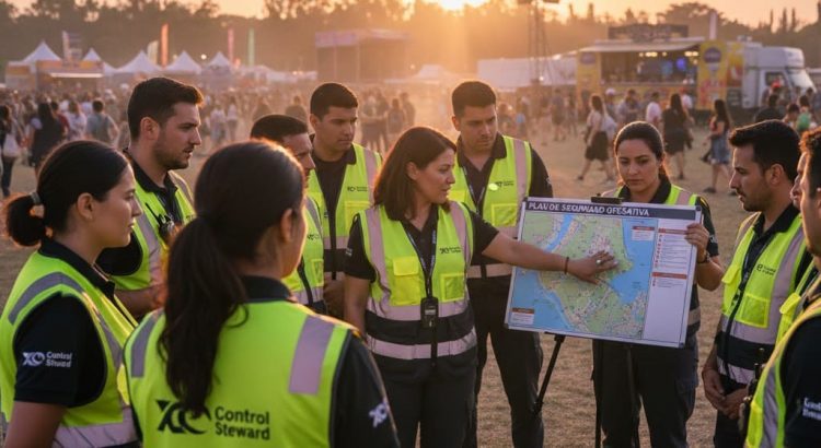 Grupo de trabajadores de un evento masivo, con chalecos de alta visibilidad, recibiendo un briefing de seguridad laboral y protocolos de emergencia.