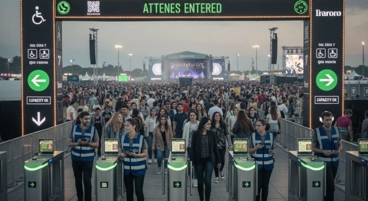 Puntos de control de acceso digital en un evento masivo con flujo de público ordenado y señalizado, destacando la gestión de multitudes.