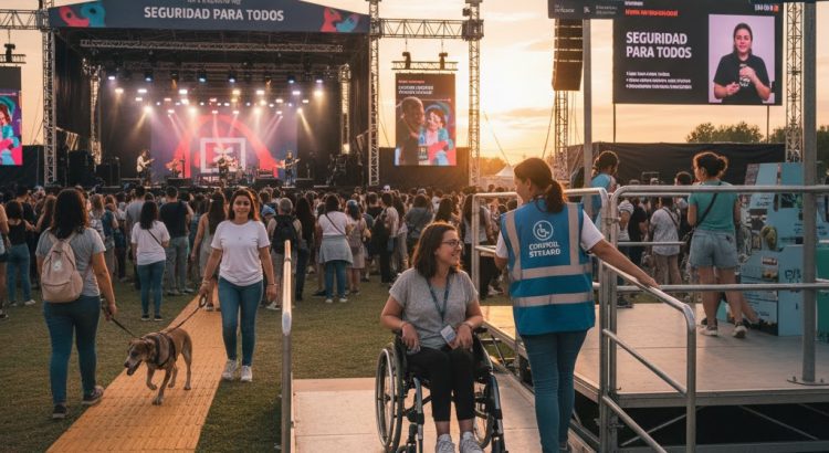 Gráfico o plano de un recinto de eventos mostrando rutas accesibles, señalización con braille y áreas de descanso adaptadas.