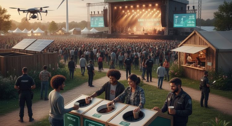 Diseño de un festival o evento con contenedores de reciclaje visibles, iluminación LED y personal de seguridad, representando la integración de sostenibilidad y seguridad.