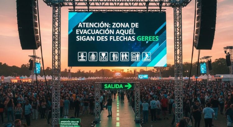 Carteles de señalización de emergencia y torres de megafonía en un gran evento al aire libre, representando la importancia de la comunicación en seguridad.
