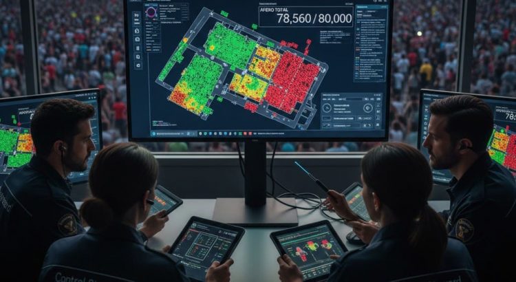 Pantalla de monitorización mostrando un mapa de calor o conteo digital de público en diferentes zonas de un recinto de eventos, indicando el control de aforo.