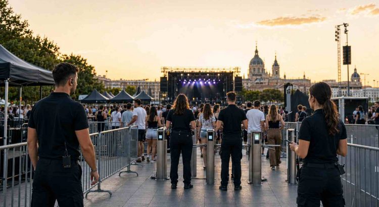 Personal auxiliar gestionando el control de accesos en un festival al aire libre en Madrid