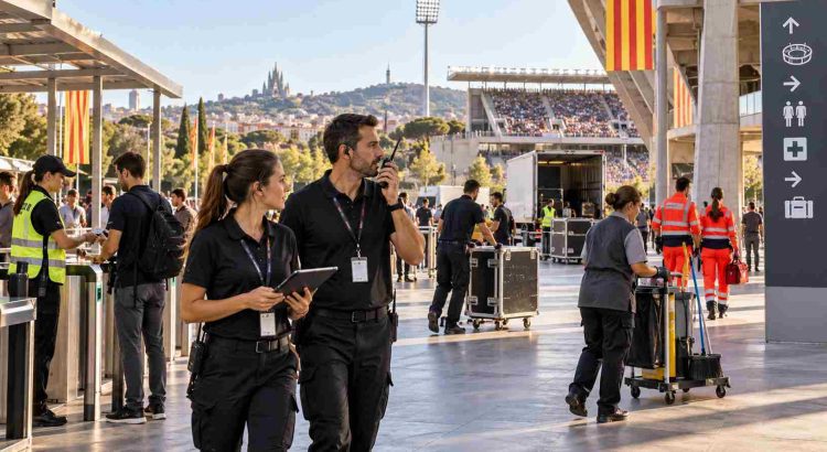 Personal de servicios auxiliares coordinando la operativa de un evento deportivo en Cataluña