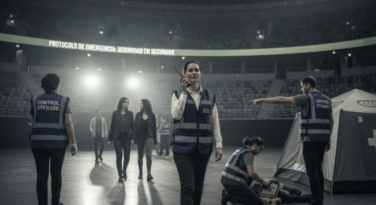 Personal de seguridad con radios de comunicación coordinando una evacuación calmada o una respuesta médica durante un evento masivo.