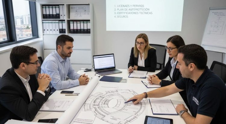 Pila de documentos de licencias, planos y certificados de seguridad, simbolizando el riguroso cumplimiento normativo para la organización de eventos.